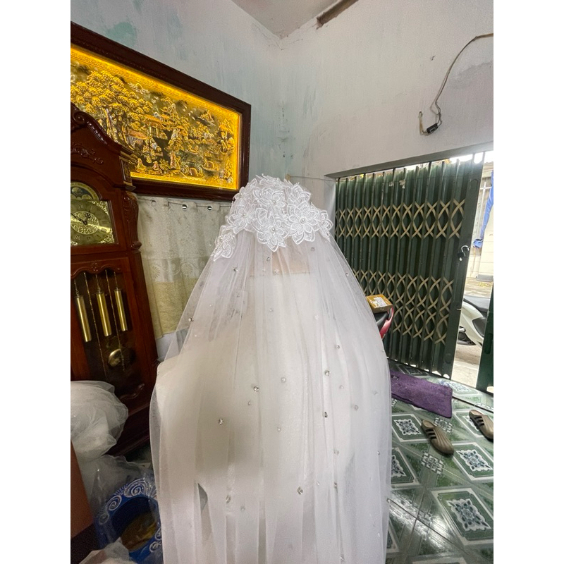 🍯🍯🍯Voan cô dâu đính hoa ren tren đầu, thân voan đính đá lấp lánh|Phukiencuoiyenlinh