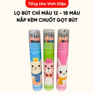 Lọ bút chì màu 12 - 18 màu, hộp bút chì màu 12 18 cây, nắp kèm chuốt gọt bút