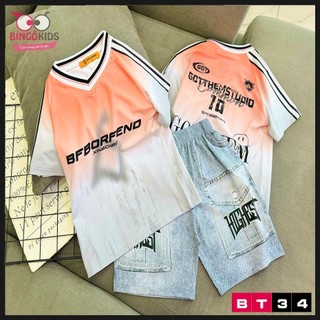 Đồ bộ mặc nhà quần đùi bé trai cổ tim chất thun lạnh áo ngắn tay họa tiết thể thao bóng rổ