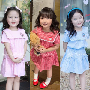 Set Bộ Thủy Thủ Thiết Kế Thêu Hình Gấu Labubu. Áo Và Chân Váy Kẻ Sọc Siêu Xịn Mát Ngân Nga Baby