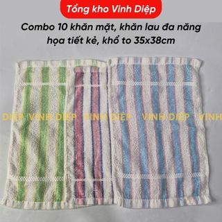Combo 10 khăn mặt, khăn lau đa năng họa tiết kẻ, khổ to 35x38cm - Hàng loại đẹp