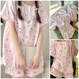 Bộ Đồ Ngủ Baby Kitty dễ thương mặc nhà mùa hè, chất liệu đũi mềm