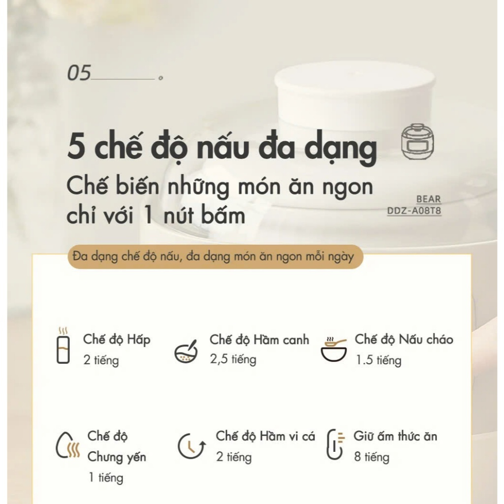 Ảnh Nồi Nấu Chậm Đa Năng 0.8L Bear DDZ-A08T8 (SC-4H08K) | Kèm xửng hấp - Nồi ăn dặm cho bé | Bảo Hành 18 Tháng 3