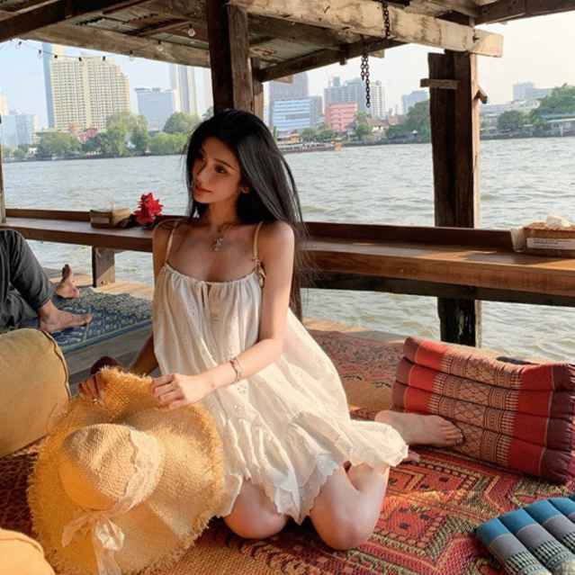 Đầm Hai Dây Buộc Nơ Hoa Thêu TIBU Đầm Babydoll Che Khuyết Điểm Dễ Thương Sang Chảnh Đi Chơi D289 – 5