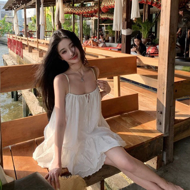 Đầm Hai Dây Buộc Nơ Hoa Thêu TIBU Đầm Babydoll Che Khuyết Điểm Dễ Thương Sang Chảnh Đi Chơi D289 – 4