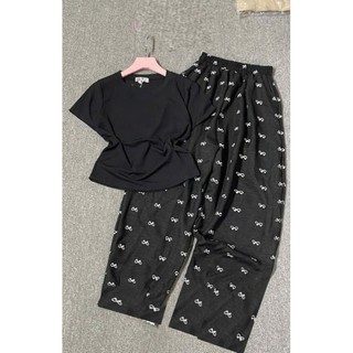 Sét Bộ Quần Ống Rộng Họa Tiết Xinh Xắn + Mix Áo Thun Croptop Tăm Trơn Co dãn Dáng Ngắn-CHANG3158