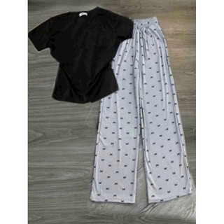 Sét Bộ Quần Ống Rộng Họa Tiết Xinh Xắn + Mix Áo Thun Croptop Tăm Trơn Co dãn Dáng Ngắn-CHANG3158