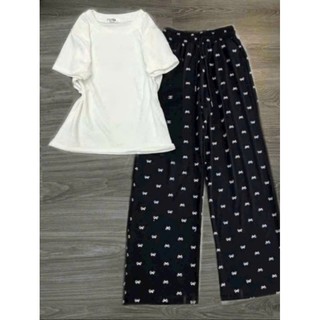 Sét Bộ Quần Ống Rộng Họa Tiết Xinh Xắn + Mix Áo Thun Croptop Tăm Trơn Co dãn Dáng Ngắn-CHANG3158