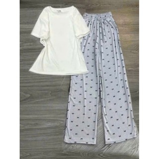 Sét Bộ Quần Ống Rộng Họa Tiết Xinh Xắn + Mix Áo Thun Croptop Tăm Trơn Co dãn Dáng Ngắn-CHANG3158