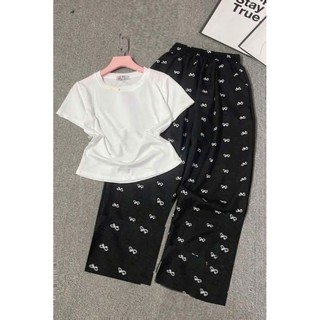 Sét Bộ Quần Ống Rộng Họa Tiết Xinh Xắn + Mix Áo Thun Croptop Tăm Trơn Co dãn Dáng Ngắn-CHANG3158