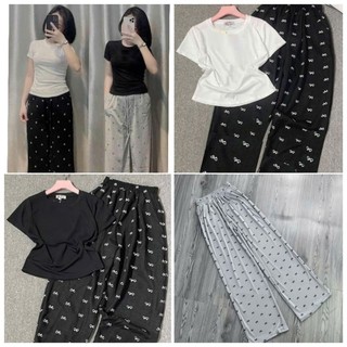 Sét Bộ Quần Ống Rộng Họa Tiết Xinh Xắn + Mix Áo Thun Croptop Tăm Trơn Co dãn Dáng Ngắn-CHANG3158