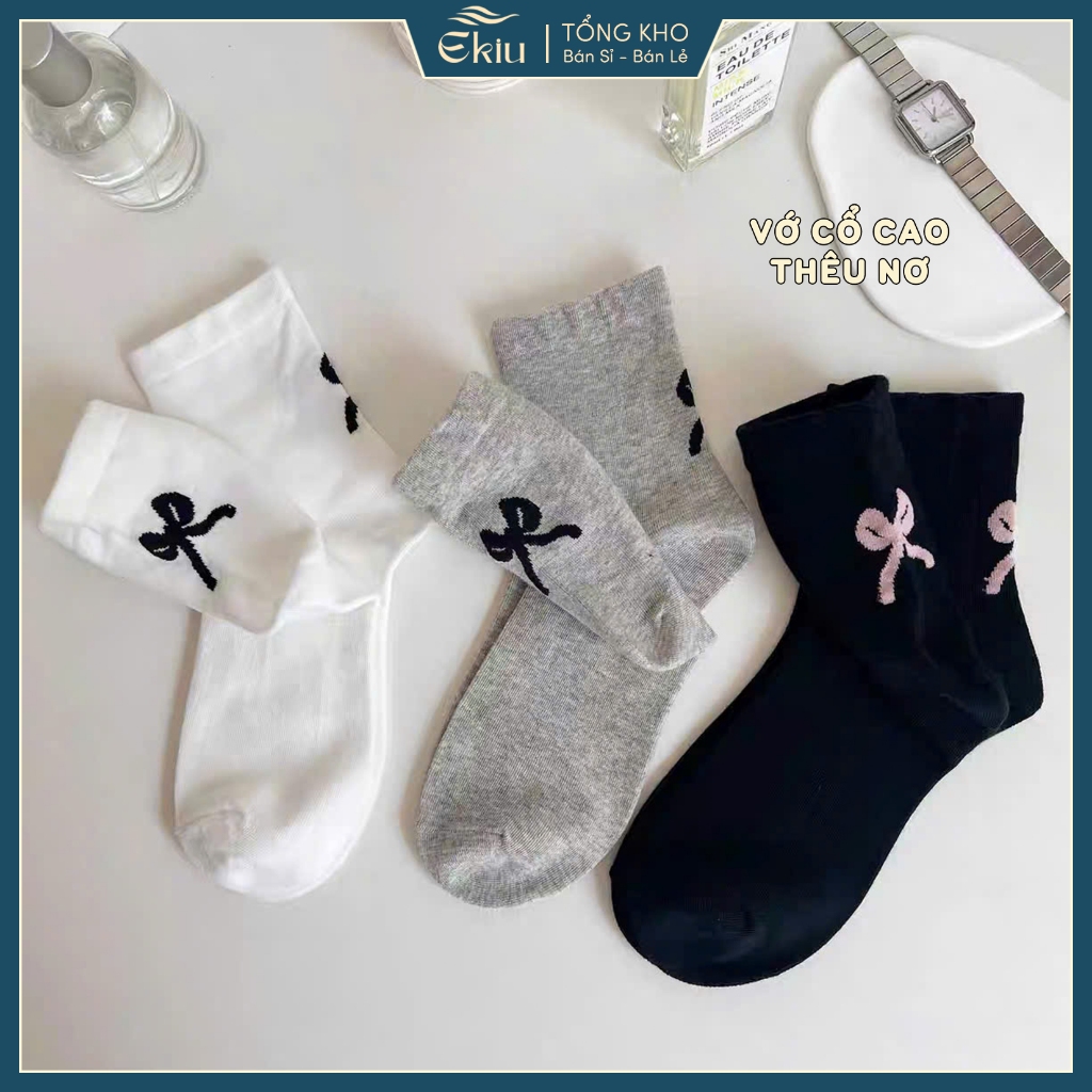 Tất vớ nữ dệt nơ xinh xắn combo 5 đôi, chất liệu cotton co giãn thoáng khí - Ekiu Shop