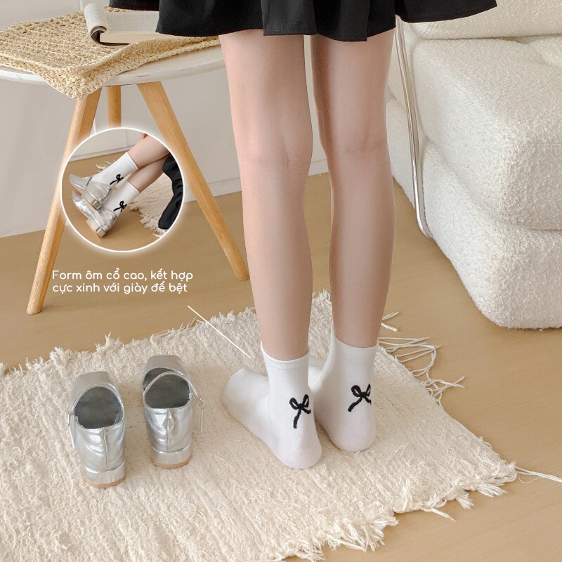 Tất vớ nữ dệt nơ xinh xắn combo 5 đôi, chất liệu cotton co giãn thoáng khí - Ekiu Shop
