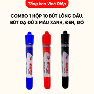 Combo 1 hộp 10 bút lông dầu, bút dạ đủ 3 màu xanh, đen, đỏ loại đẹp