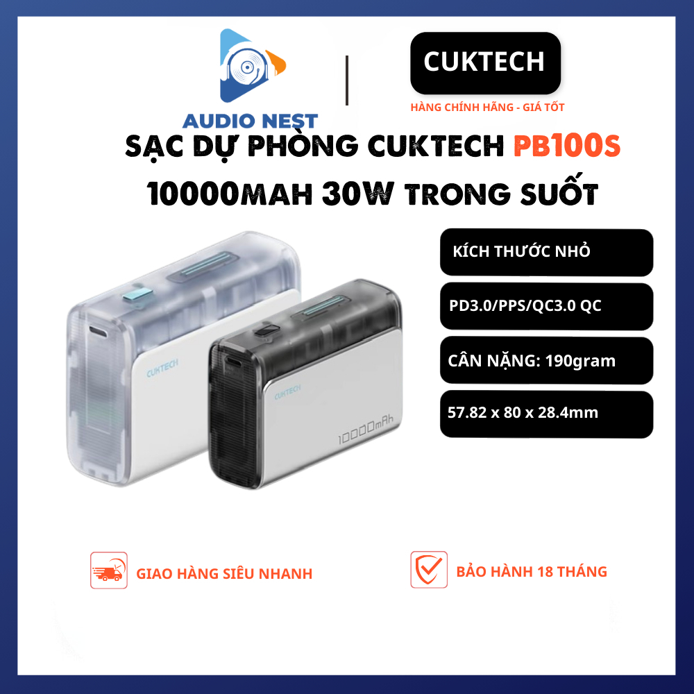 Pin Dự Phòng Cuktech PB100S 10000mAh Trong Suốt 1C1A 30w PD3.0/PPS/QC3.0 QC  - Bảo Hành 18 Tháng | BigBuy360 - bigbuy360.vn