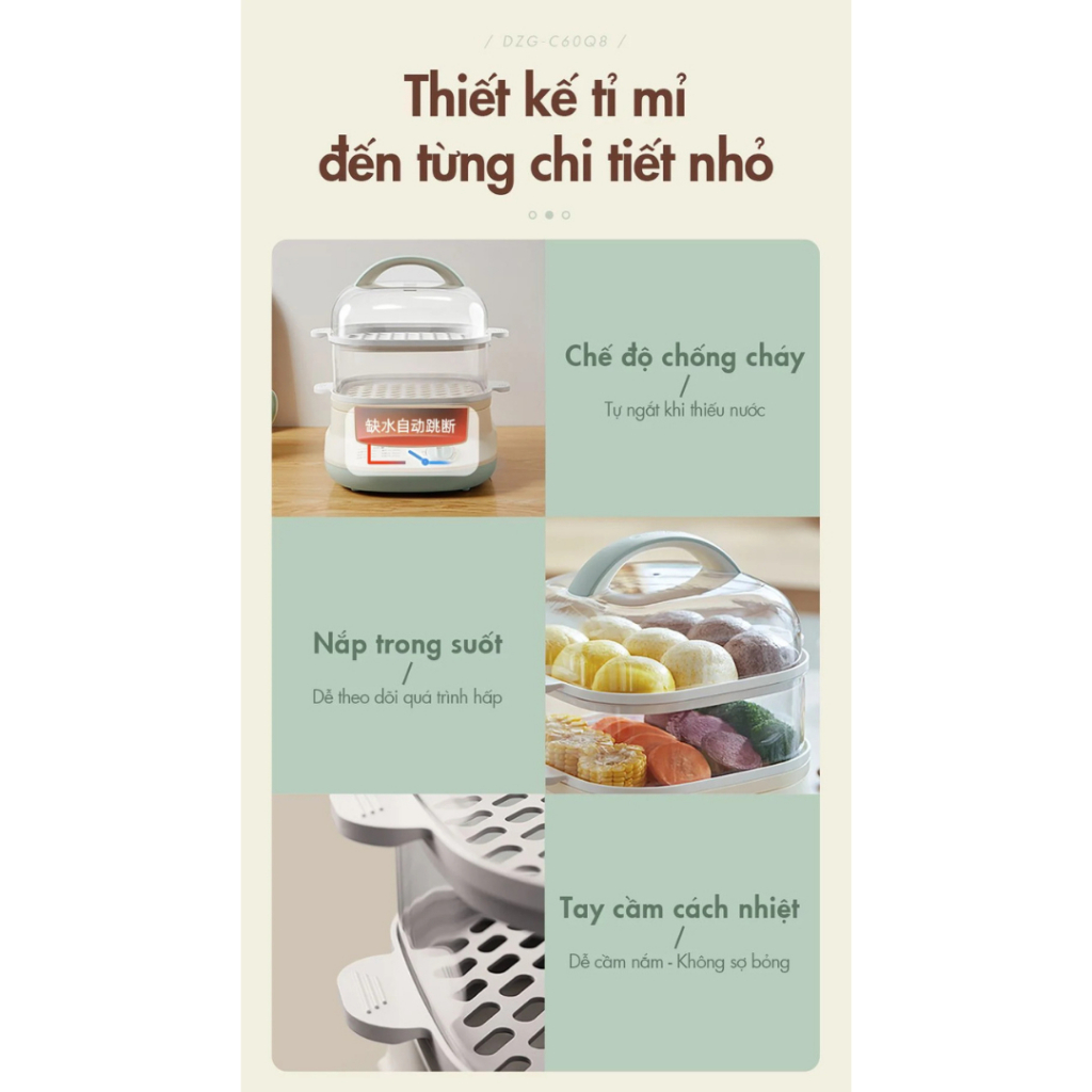 Nồi Hấp Điện 2 Tầng Bear 6L DZG-C60Q8 (EFS-4H60V) - 650W, Đa Năng, Hẹn Giờ - Hàng Chính Hãng