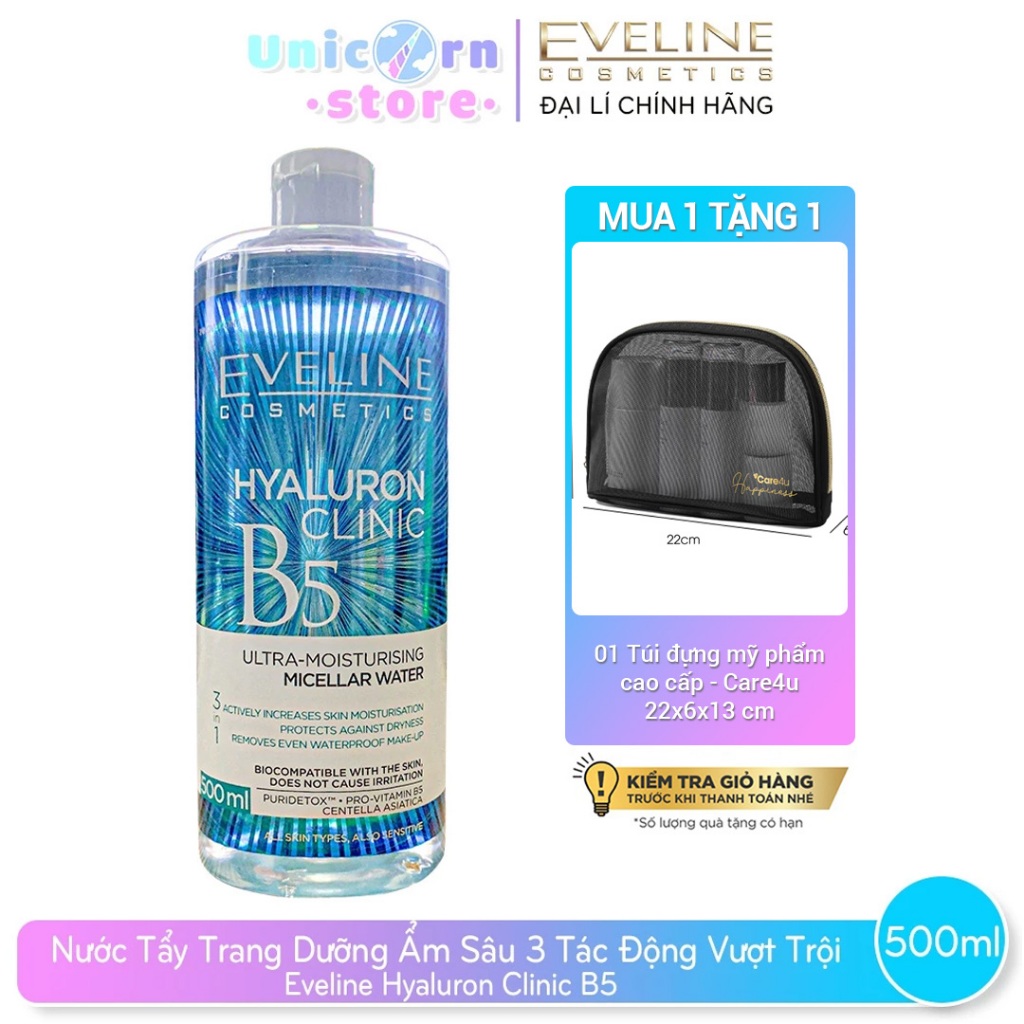 Nước Tẩy Trang Dưỡng Ẩm Sâu 3 Tác Động Vượt Trội Eveline Hyaluron Clinic B5 500ml