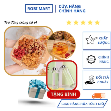 Hộp 30 gói tặng bình, tặng 5 gói trà - Trà đông trùng tứ vị (đông trùng hạ thảo, táo đỏ thái lát, kỷ tử, long nhãn)