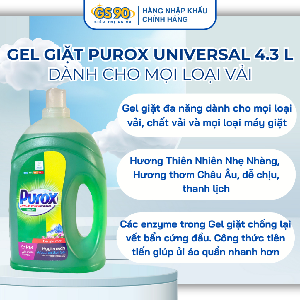 [MUA 1 TẶNG 1] Nước Giặt Gel Giặt Đa Năng PUROX 4.3L công thức đậm đặc đánh bay vết bẩn hiệu quả