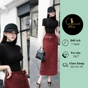 Set áo đen chân váy đỏ dài evahamichi