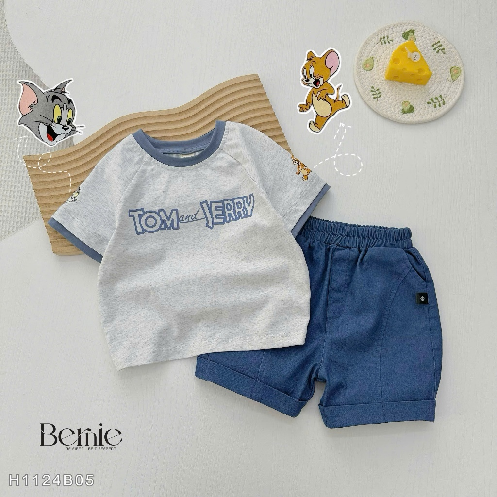 Bộ cotton cộc tay phối quần giả bò in hoạ tiết Tom& Jerry, set bộ cotton cho bé trai fom rộng ngang H1124B05