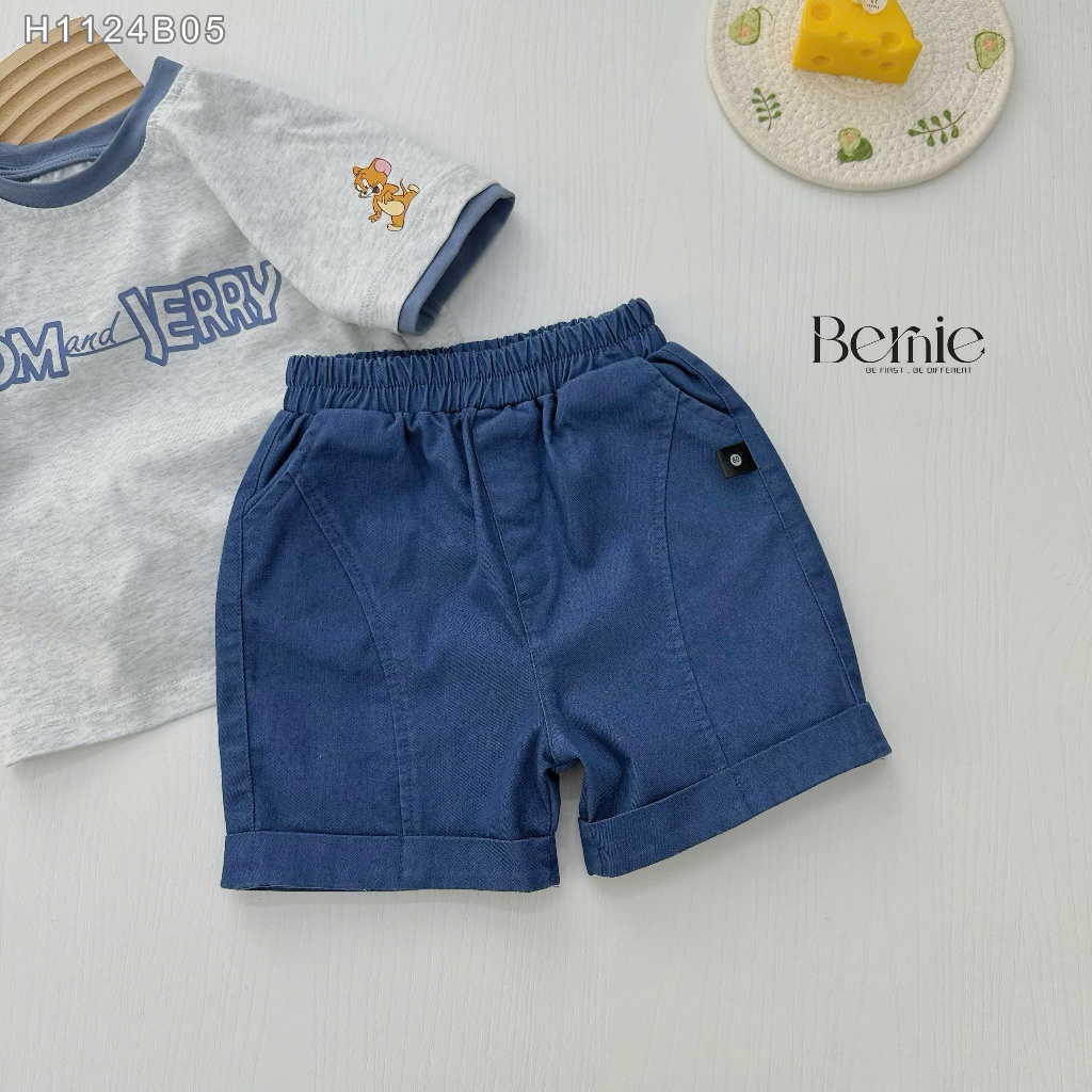 Bộ cotton cộc tay phối quần giả bò in hoạ tiết Tom& Jerry, set bộ cotton cho bé trai fom rộng ngang H1124B05