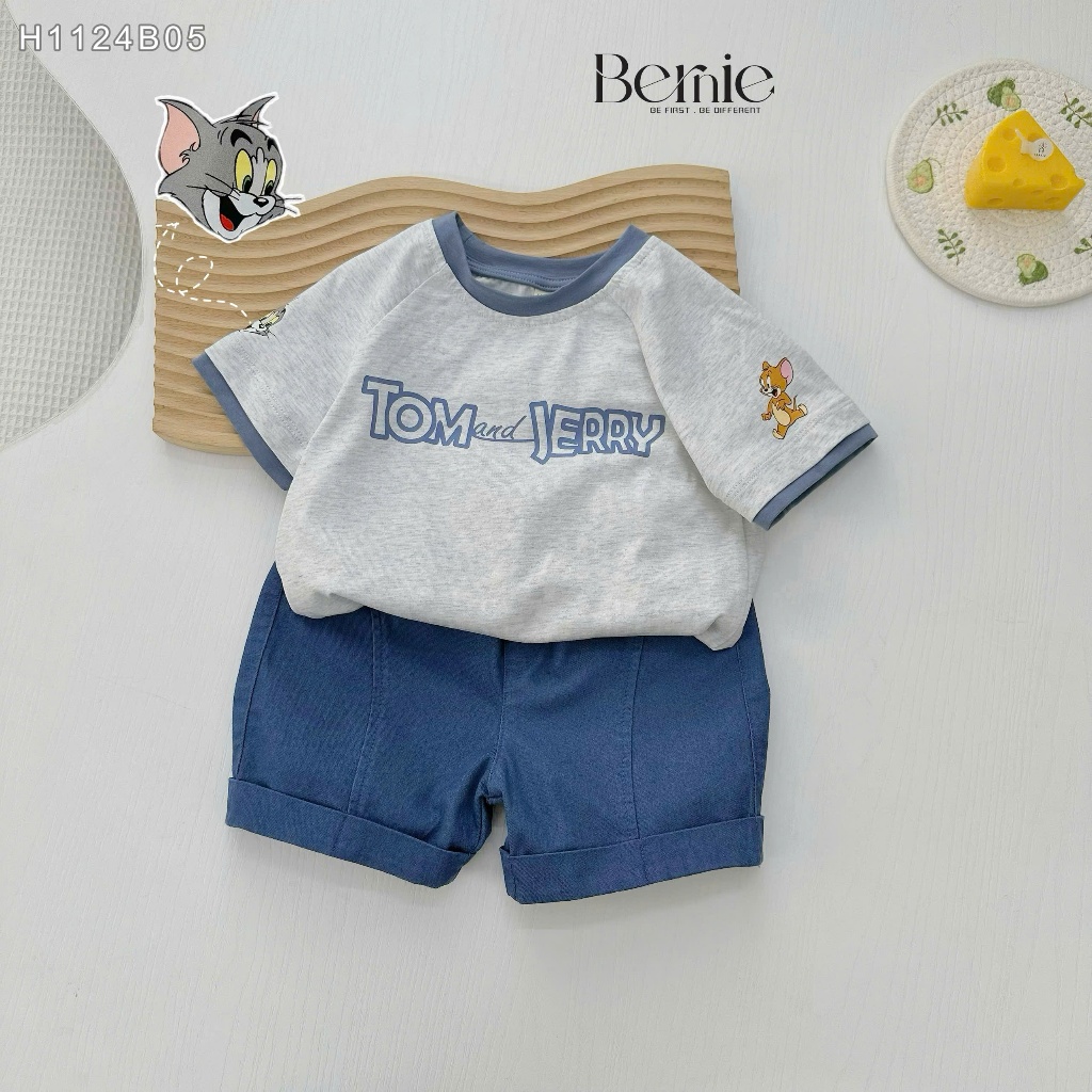 Bộ cotton cộc tay phối quần giả bò in hoạ tiết Tom& Jerry, set bộ cotton cho bé trai fom rộng ngang H1124B05