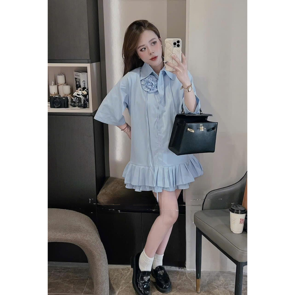 Váy nữ sang trảnh dáng suông tay lỡ phong cách tiểu thư Jumito, đầm sơ mi dáng dài babydoll dễ thương hcom25039