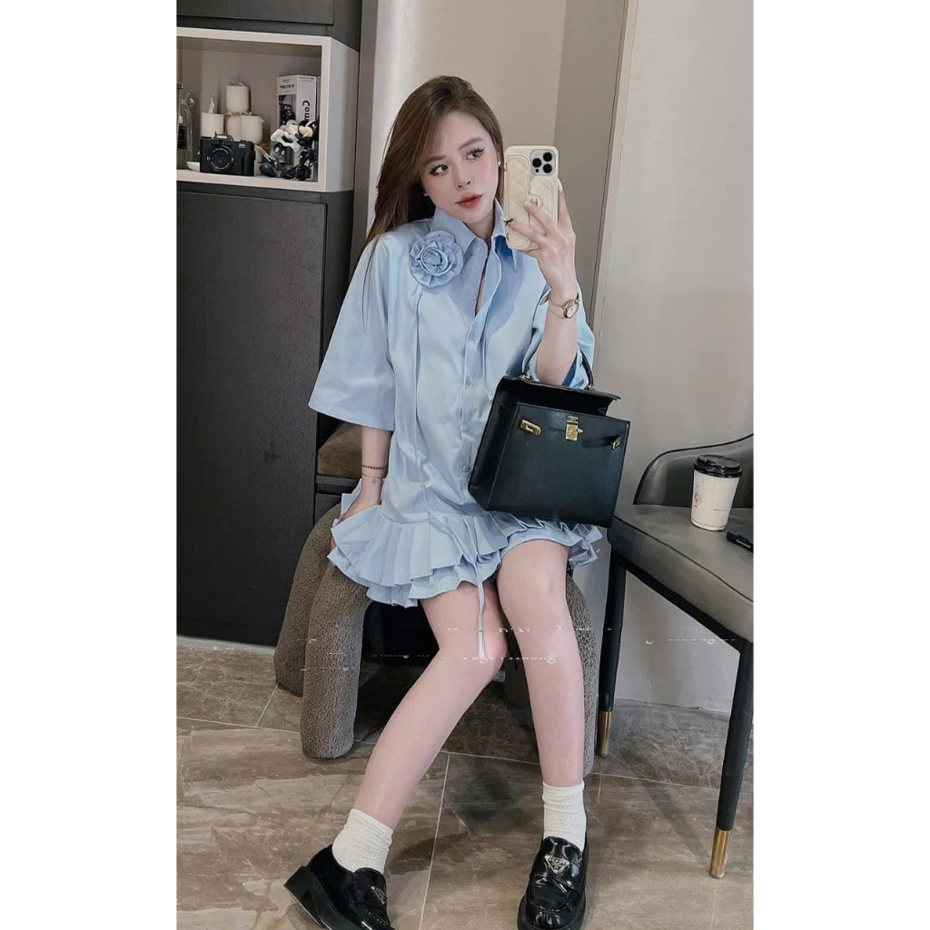 Váy nữ sang trảnh dáng suông tay lỡ phong cách tiểu thư Jumito, đầm sơ mi dáng dài babydoll dễ thương hcom25039
