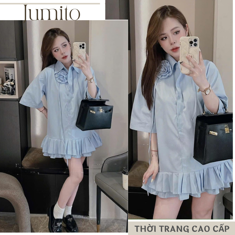 Váy nữ sang trảnh dáng suông tay lỡ phong cách tiểu thư Jumito, đầm sơ mi dáng dài babydoll dễ thương hcom25039