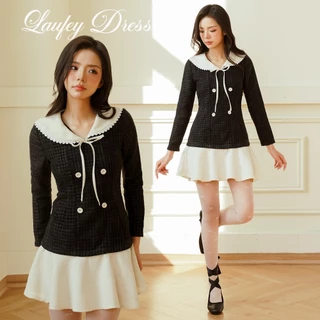 BLEUBIRD Váy tweed đen phối trắng dáng xòe Laufey Dress