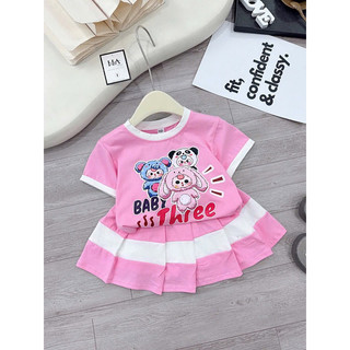 Bộ bé gái, Sét cotton cộc tay cổ tròn babythree cho bé gái