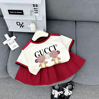 Bộ bé gái,Sét cotton áo gấu guchi mjx váy xếp ly đỏ cho bé gái