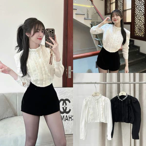 Áo Sơmi Chất Kaki Chéo Xếp Ly Bèo Ngực Cổ Đá 2 Màu Bo Chun Eo