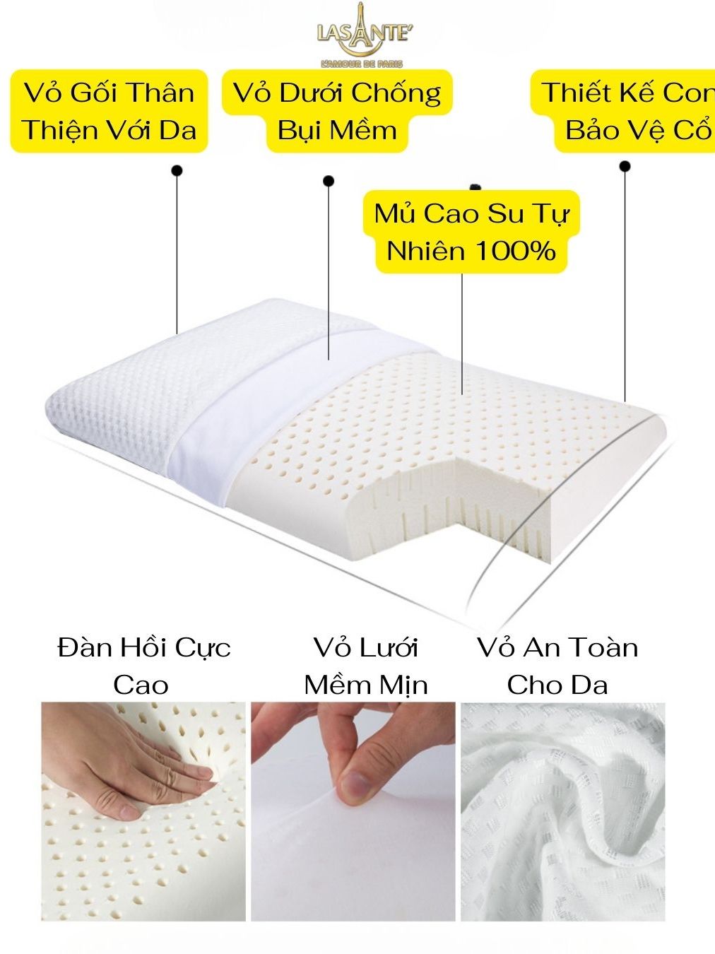 Ảnh Gối Cao Su Thấp 4 Cm Siêu Mỏng Form Phẳng Truyền Thống Lasante Cho Người Nằm Gối Thấp 4