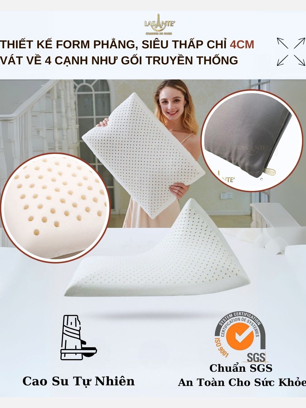 Ảnh Gối Cao Su Thấp 4 Cm Siêu Mỏng Form Phẳng Truyền Thống Lasante Cho Người Nằm Gối Thấp 3