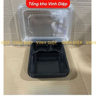 Combo 50 hộp cơm nhựa 4 ngăn dùng 1 lần kèm đũa, thìa nhựa,hộp cơm đen 4 ngăn