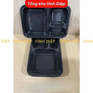 Combo 50 hộp cơm nhựa 4 ngăn dùng 1 lần kèm đũa, thìa nhựa,hộp cơm đen 4 ngăn