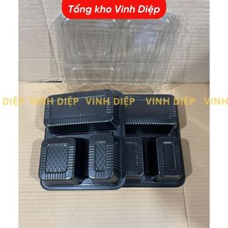 Combo 50 hộp cơm nhựa 4 ngăn dùng 1 lần kèm đũa, thìa nhựa,hộp cơm đen 4 ngăn