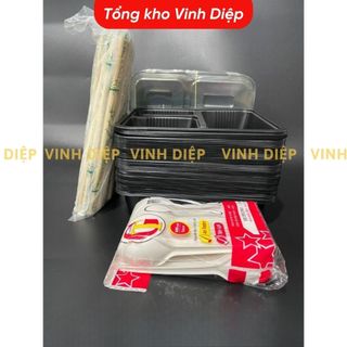 Combo 50 hộp cơm nhựa 4 ngăn dùng 1 lần kèm đũa, thìa nhựa,hộp cơm đen 4 ngăn