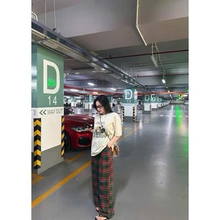 Set Bộ Đồ Nữ Mickey Mouse Áo Phông Kẻ Be Ngắn Tay Mix Quần Suông Ống Rộng Freesize