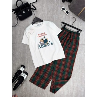 Set Bộ Đồ Nữ Mickey Mouse Áo Phông Kẻ Be Ngắn Tay Mix Quần Suông Ống Rộng Freesize