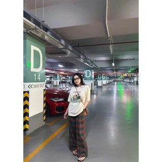 Set Bộ Đồ Nữ Mickey Mouse Áo Phông Kẻ Be Ngắn Tay Mix Quần Suông Ống Rộng Freesize