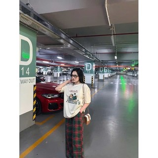 Set Bộ Đồ Nữ Mickey Mouse Áo Phông Kẻ Be Ngắn Tay Mix Quần Suông Ống Rộng Freesize