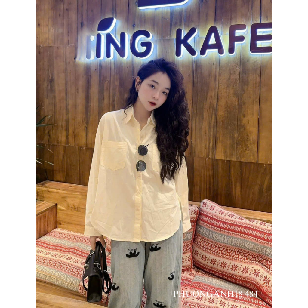 Áo sơ mi cổ đức nữ dáng suông cổ bẻ túi đôi công sở đi chơi hàng quảng châu 484
