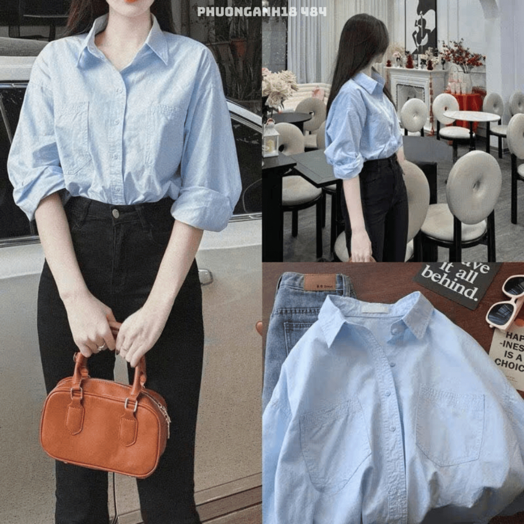 Áo sơ mi cổ đức nữ dáng suông cổ bẻ túi đôi công sở đi chơi hàng quảng châu 484