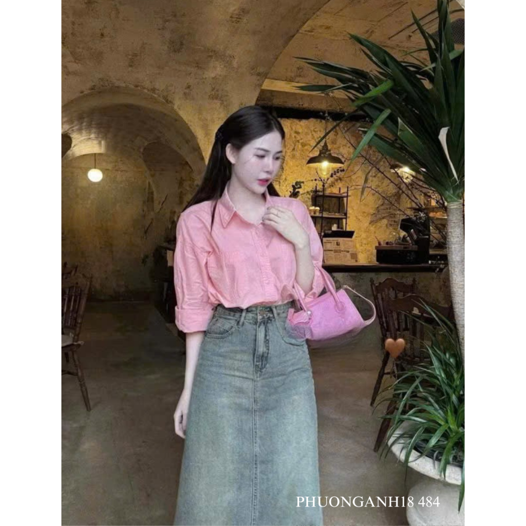 Áo sơ mi cổ đức nữ dáng suông cổ bẻ túi đôi công sở đi chơi hàng quảng châu 484