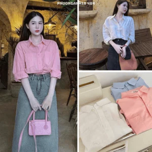 Áo sơ mi cổ đức nữ dáng suông cổ bẻ túi đôi công sở đi chơi hàng quảng châu 484