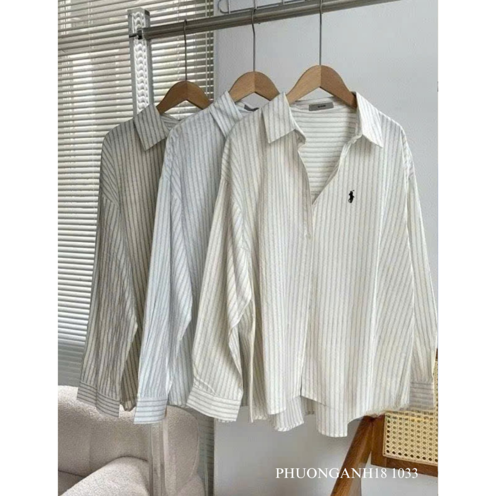 Áo sơ mi kẻ chất thô mềm form rộng thêu ngựa hàng QCL1 1033