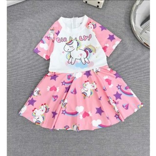 Đồ bơi cho bé gái cộc tay giả váy hoạ tiết ngựa 1 sừng 15- 40kg, bikini cho bé gái, đồ bơi cho bé